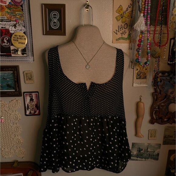Polka Dot Print Henley Tank Top Women's Large Black White Sheer Babydoll - Picture 1 of 6